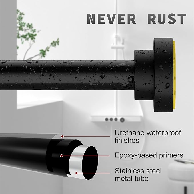 Thestoa Shower Curtain Rod Adjustable 43-92 inch, 1"Diameter Spring Tension Curtain Rod No Drill, Anti-Rust Non-Slip Shower Rod, Black Shower Curtain Rod for Bathroom Tension