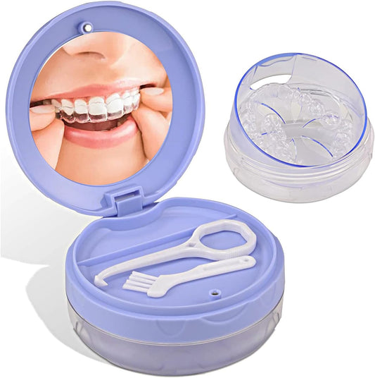 Denture Box Leak-Proof Dental Retainer Case, Portable Denture Bath with Mirror, Removal Tool and Extra Storage Layer, Denture Case Perfect for Traveling and Daily Use (Purple)
