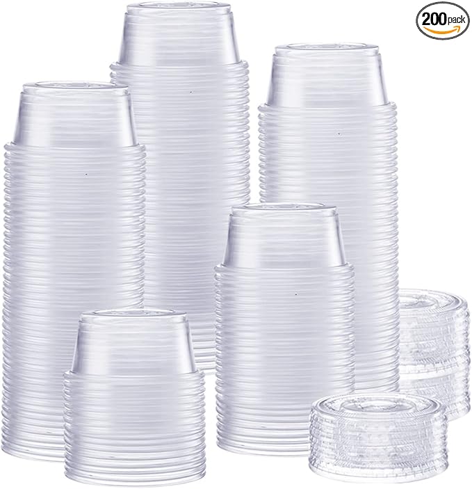 GUSTO 2 oz Jello Shot Cups with Lids [200 Count] Clear Plastic Portion Containers, Condiment Cups for Sauces, Dressings & Samples â Durable, Stackable, Leak-Resistant (Formerly Comfy Package)