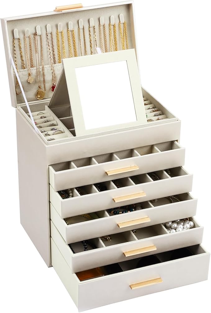 BOOVO Jewelry Box for Women, Gold 6 Layer Large Jewelry Organizer with Glass Lid for Necklace, Bracelet, Earrings, Rings Storage, Jewelry Organizers and Storage for Girls Gift (Champagne, 6 layer)