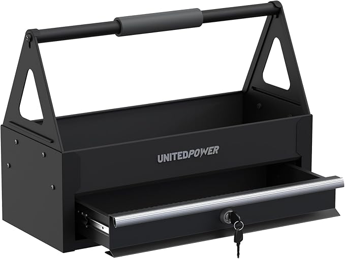 UNITEDPOWER Handy Tool Box With 1 Drawerï¼Portable Metal Tote Tray with comfortable grip handle, Tool Organization for Household, Warehouse, Repair Shop, Black