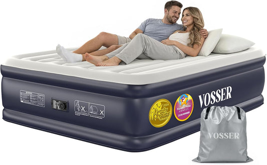 VOSSER Air Mattress Queen with Built-in Pump, 18" Raised Inflatable Blow Up Mattress,Upgraded Heavy Duty Portable Air Bed for Home,Guests,Floor & Camping, Self Inflating Colchon Inflable for Adults