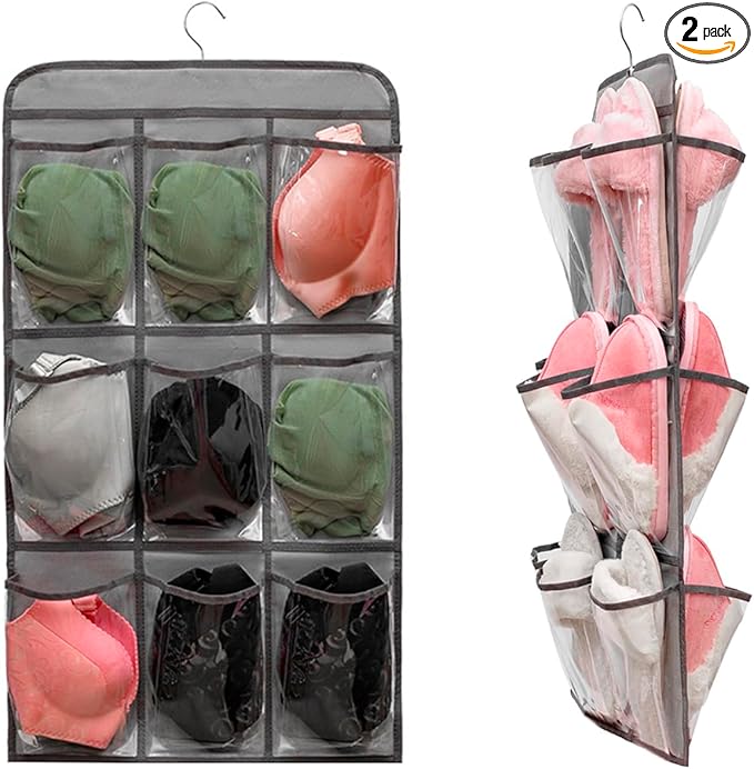 2 Pcs Closet Organizer Dual Sided Hanging Shoe Storage Bag Underwear Socks Holder with 18 Pockets (CLEAR POCKETS)