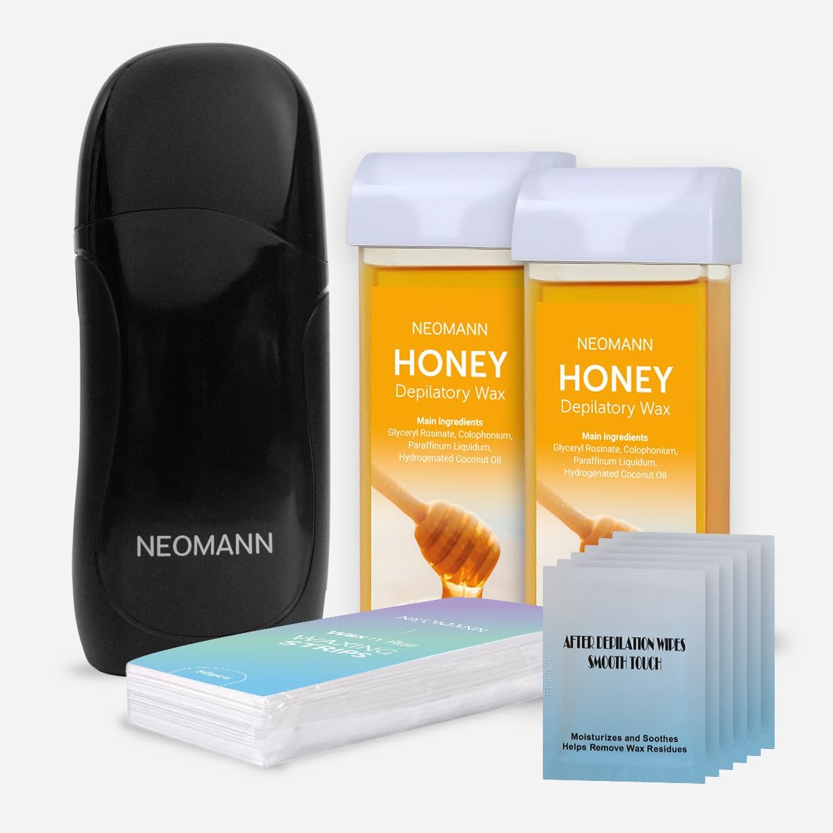 Roll on Wax Kit for Hair Removal with 2x Honey Cartridges Black | 50 Strips roller for Hair Removal-Pink with 6 Post-Wax Treatments