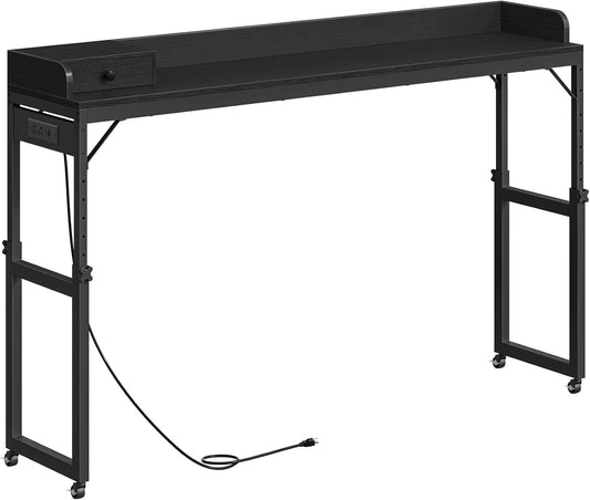 HOOBRO Overbed Table with Wheels, Rolling Table with Outlets & Light Strip for Queen Bed, Mobile Bed Desk & Drawer and Adjustable Height, Giant Computer Desk for Living Room, Black BB180UDDN01