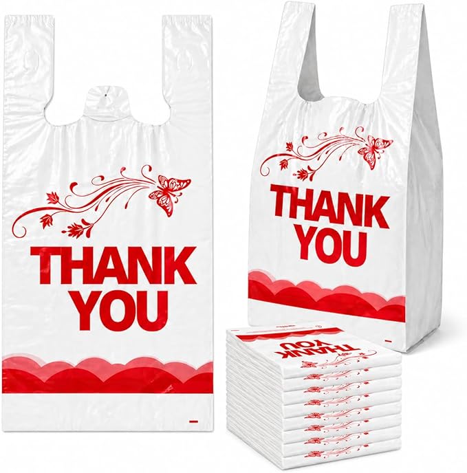 YoYoRain 1000PCS White “Thank You” T-Shirt Bags – Reusable & Disposable Grocery and Supermarket Shopping Bags, 11"x6"x21"