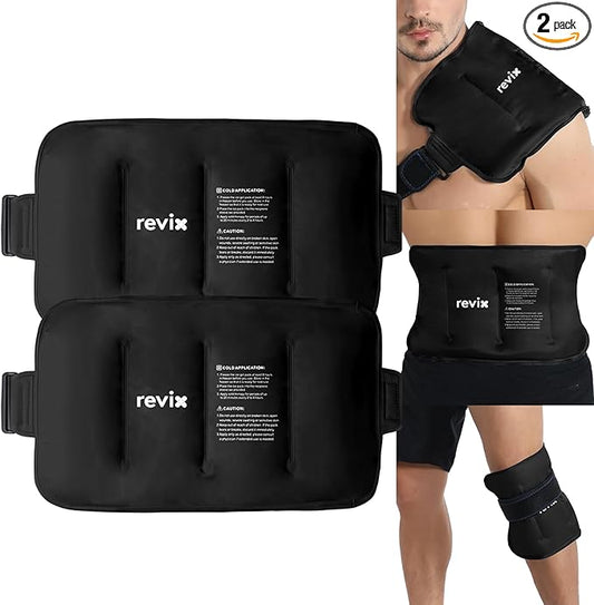 REVIX 16" Ã 9" Flexible Gel Ice Packs Reusable for Lower Back with Strap, Dual-Sided Soft Body Ice Wraps for Shoulder, Neck, Abdomen and Leg Relief, Black 2 Packs
