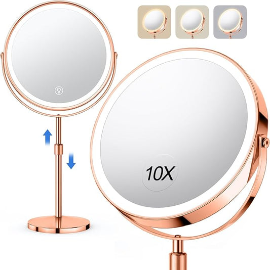 10X Large Lighted Makeup Mirror, Rechargeable 8" Height Adjustable Vanity Mirror, 1x/10x Magnifying Mirror with 3 Color, Brightness Adjustable, 360Â° Rotation Double Sided Mirror, Ideal Gift(Rose Gold)