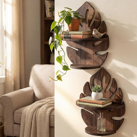 BrightRow 2 Pack Double Layer Palm Leaf Wall Shelves 15.8 x 12.4 Inch Wooden Hanging Shelves with Vintage Hollow Design, Tropical Wall Art for Living Room, Kitchen, Bedroom, Office Decor