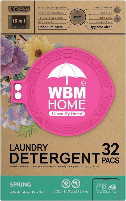WBM Home Laundry Detergent Pods, Spring Fragrance Scent, 32 Count - HE Concentrated Laundry Pods with 10x Ultra Power Cleaning and 4D Laundry Stain Remover