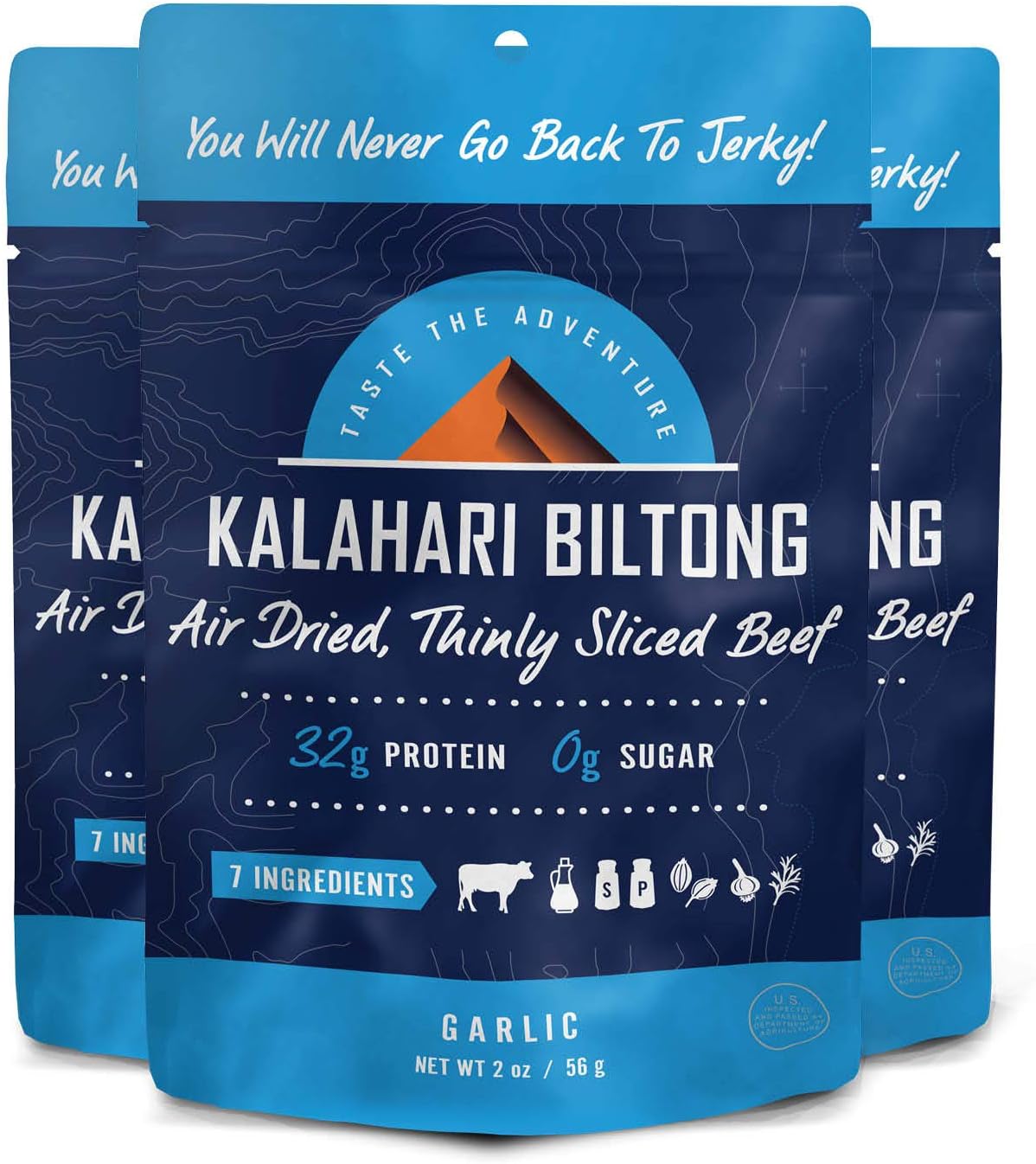 Garlic Kalahari Biltong, Air-Dried Thinly Sliced Beef, 2oz (Pack of 3), Sugar Free, Gluten Free, Keto & Paleo, High Protein Snack