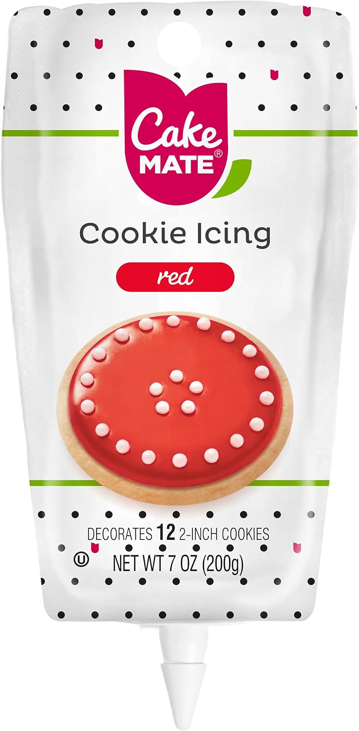 Cake Mate Cookie Icing, Fast-Drying Squeeze Pouch Icing for Decorating Sugar Cookies & Gingerbread, 7 oz., Red