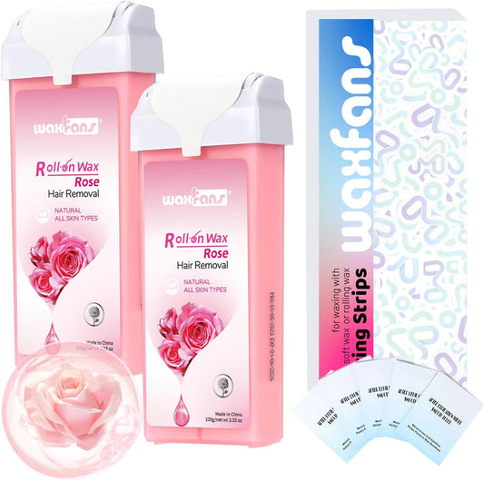 Waxfans Rose Wax Roller Refill for Hair Removal - 100% Natural Quick-Melt Roll On Wax Cartridge for Coarse & Fine Hair, with 2 Rose Waxing Rollers, 50 Waxing Strips & 5 Clean Oil.