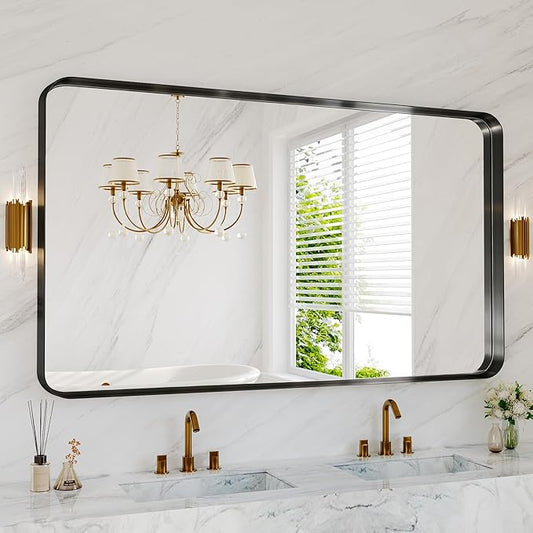 60x36 Inch Bathroom Mirror for Wall, Matte Black Metal Framed Bathroom Vanity Mirror for Restroom Farmhouse, Anti-Rust, HD Tempered Glass, Hangs Horizontally or Vertically