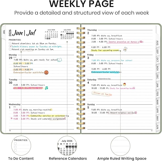 Planner 2026-2027 for Women & Men, Set of 3, Academic Monthly and Weekly Calendar Planner, Jul 2026 - Jun 2027, A5 (6.3" x 8.5"), Teacher Student Planning Book with Tabs, Ideal for Office School Supplies - 3 Green