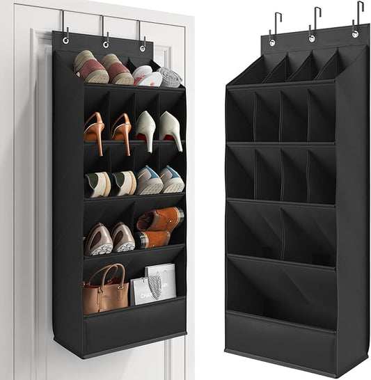 Over the Door Shoe Rack with Large Deep Pockets, Door Shoes Organizer for Closet, Hanging Boots Shoe Rack, Behind the Door Narrow Shoe Holder, Multiple Pockets for Flexible Storage, Black ï»¿