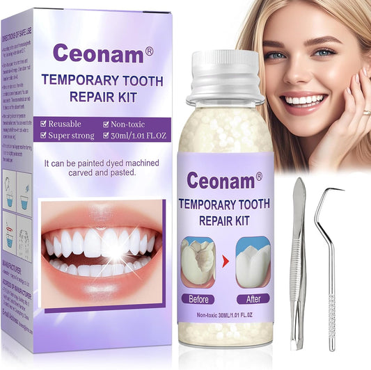 1.0oz / 30ml Moldable Tooth Repair Kit with Stainless Steel Tweezer and Dental Pick, Temporary Teeth Replacement Beads in Natural Color for Broken or Missing Teeth, Denture Repair, and DIY Oral Care