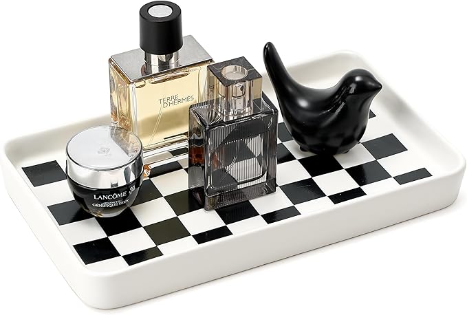 Texture Checkered Surface 10"Ã6"Ã1" Bathroom Vanity Tray for Countertop- Ceramic Decorative Organizer Tray for Dresser Top, Toilet, Perfume, Sponge Holder Soap Dish Dispenser for Kitchen Counter