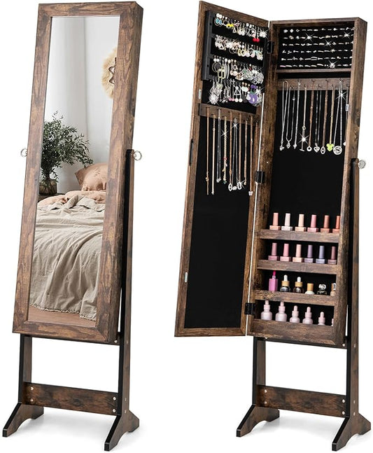 Giantex Jewelry Cabinet with Full-Length Mirror, Standing Jewelry Armoire Organizer with 64 Earring Slots, 20 Necklace Hooks, 72 Ring Slots, 4 Storage Shelves, 3 Angle Adjustable, Rustic Brown