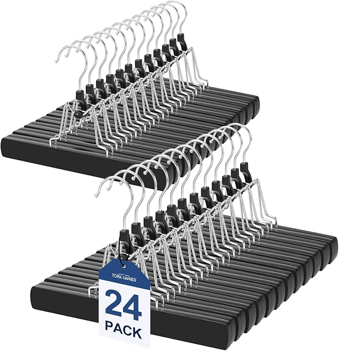 TOPIA HANGER 24 Pack Wooden Pants Hangers, Hair Extension Hangers Non Slip Skirt Hanger Wood Clamp with Velvet Padded 360Â° Swivel Hook for Jeans, Skirts, Trousers, Wigs Black CT68B