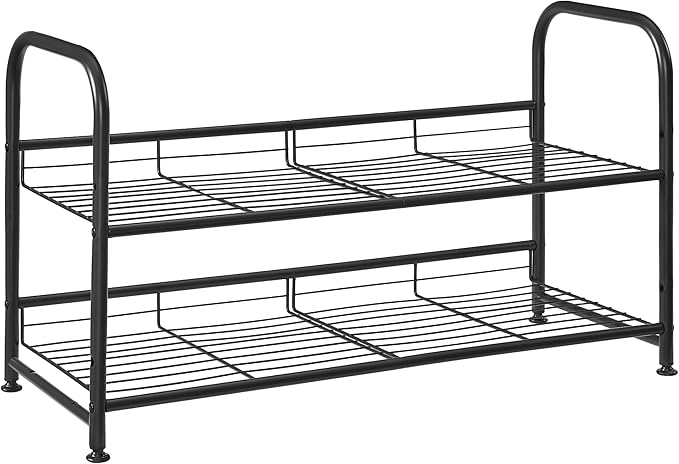 SONGMICS Shoe Rack, 2 Tier Shoe Organizer for Closet, Holds up to 8 Pairs of Shoes, Shoe Rack for Front Door Entrance, Metal Shoe Shelf with Adjustable Tilt Angle, for Entryway, Garage, Black