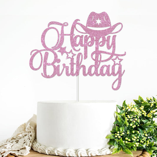 Pink Glitter Happy Birthday Cake Topper Western Theme Party Decorations Cowboy Cowgirl Bday Baby Shower Party Supplies