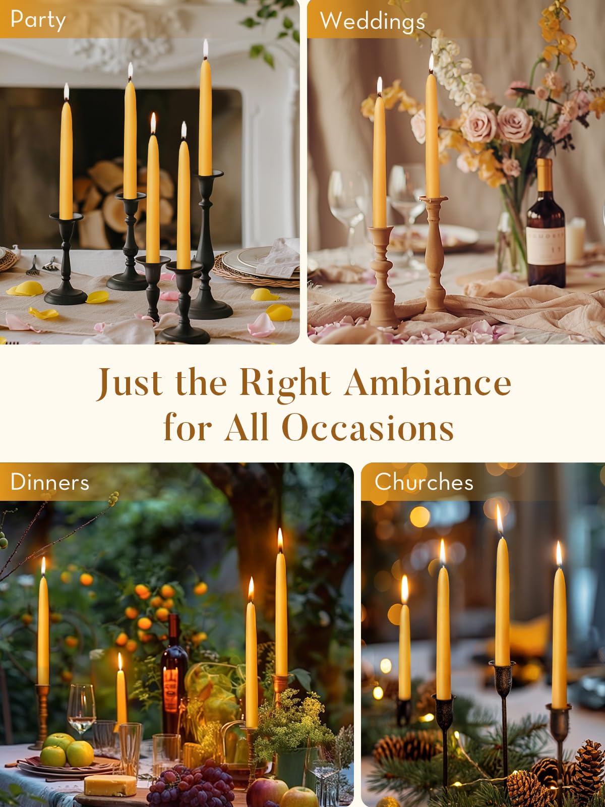 Ashlux 6 Pack Beeswax Taper Candles 100% Natural Pure 8-9 Hours Long Burn Bees Wax Candlesticks Dripless Tall Tapered Candles Stick Beeswax Candle Long Candles Bulk, Yellow