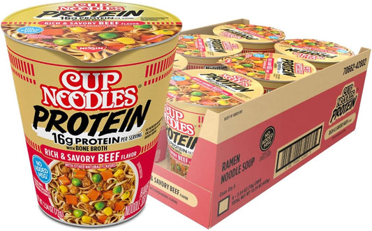 Nissin Cup Noodles Protein Ramen, Beef Flavor with Bone Broth, 16g Protein, 2.54 Ounce Cup (Pack of 6)