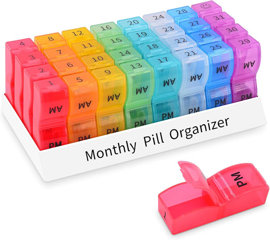 GREENCYCLE Monthly Pill Organizer 2 Times a Day, 30 Days Pill Box AM PM, 4 Week Pill Cases, One Month Pill Medicine Container Small Separate Compartments to Hold Vitamins, Fish Oil, Supplements