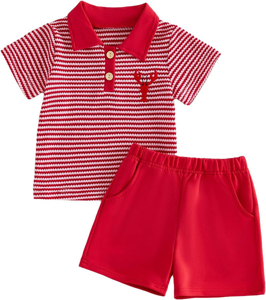 VISGOGO Baby Boy Summer Outfit Striped Short Sleeve T-shirt Toddler Boy Summer Clothes 6 12 18 Months 2 3 4 5 6 T Short Set