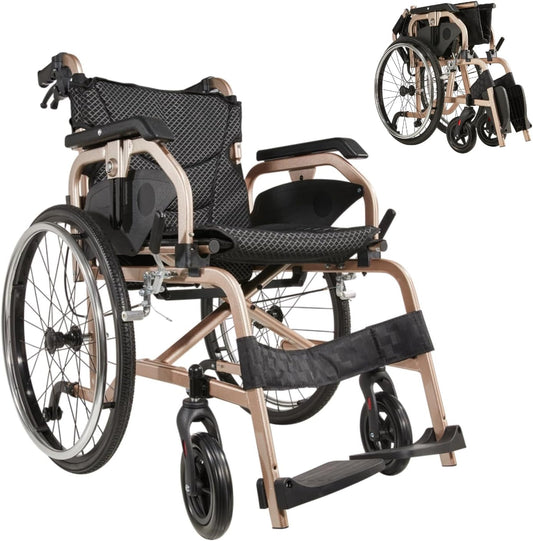 Lightweight Folding Transport Wheelchair - Aluminum Square Tube, Dual Brakes, Multi-Position Adjustable Armrests - Suitable for Indoor and Outdoor Travel (250LBS Capacity, 18" Seat Width, Color Gold)