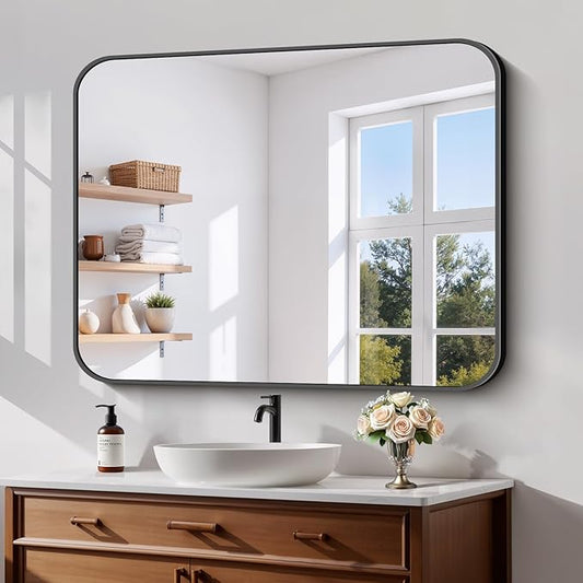 Koonmi Black Framed Bathroom Mirror - 32x40 Inch Shatterproof Tempered Glass Vanity Mirror for Bathroom Sink, Wall Mounted with Matte Aluminum Alloy Frame, No Distortion, Modern Decor
