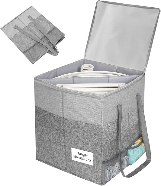 Clothes Hanger Organizer Bag with Lid,Rigid Hanger Storage Containers,Hanger Caddy Organizer Box with Handle and Label Window Keep Closet Laundry Rooms Tidy (Grey)