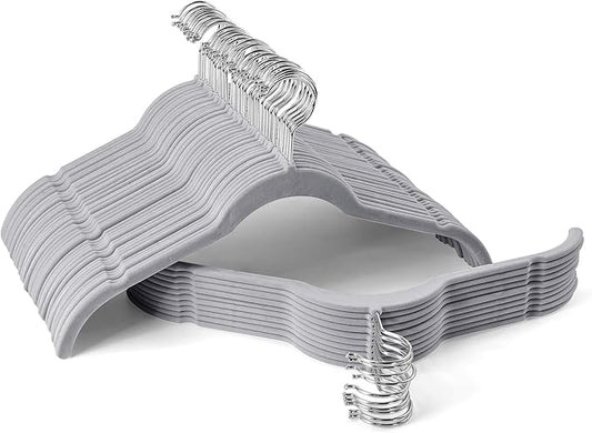 Premium Velvet Shirt Hangers 50 Pack, Space-Saving Non-Slip Felt Hanger with 360Â° Swivel Hook, Slim Flocked Hangers for Strappy Dresses, Blouses, Tank Tops(Grey)