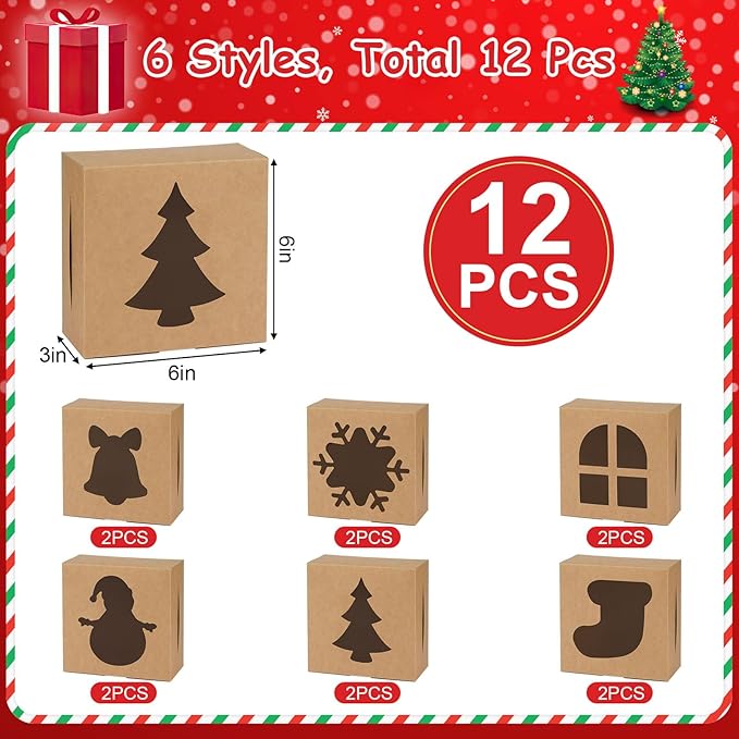 12 PCS Christmas Cookie Boxes, 6×6×3 Inches Treat Boxes Tin, Small Pastry Boxes with Window, for Gift Giving Packaging Dessert Bakery Cupcake Baked Goods (Brown)