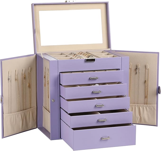 Frebeauty Large Jewelry Box,6-Tier PU Leather Jewelry Organizer,Multi-functional Storage Case with Mirror,Accessories Holder with 5 Drawers for Necklace Bracelets Watchesï¼Purpleï¼