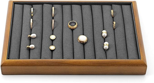 Oirlv Solid Wood 11 Slots Ring Tray Jewelry Organizer Tray Jewelry Drawer Organizer(Grey)