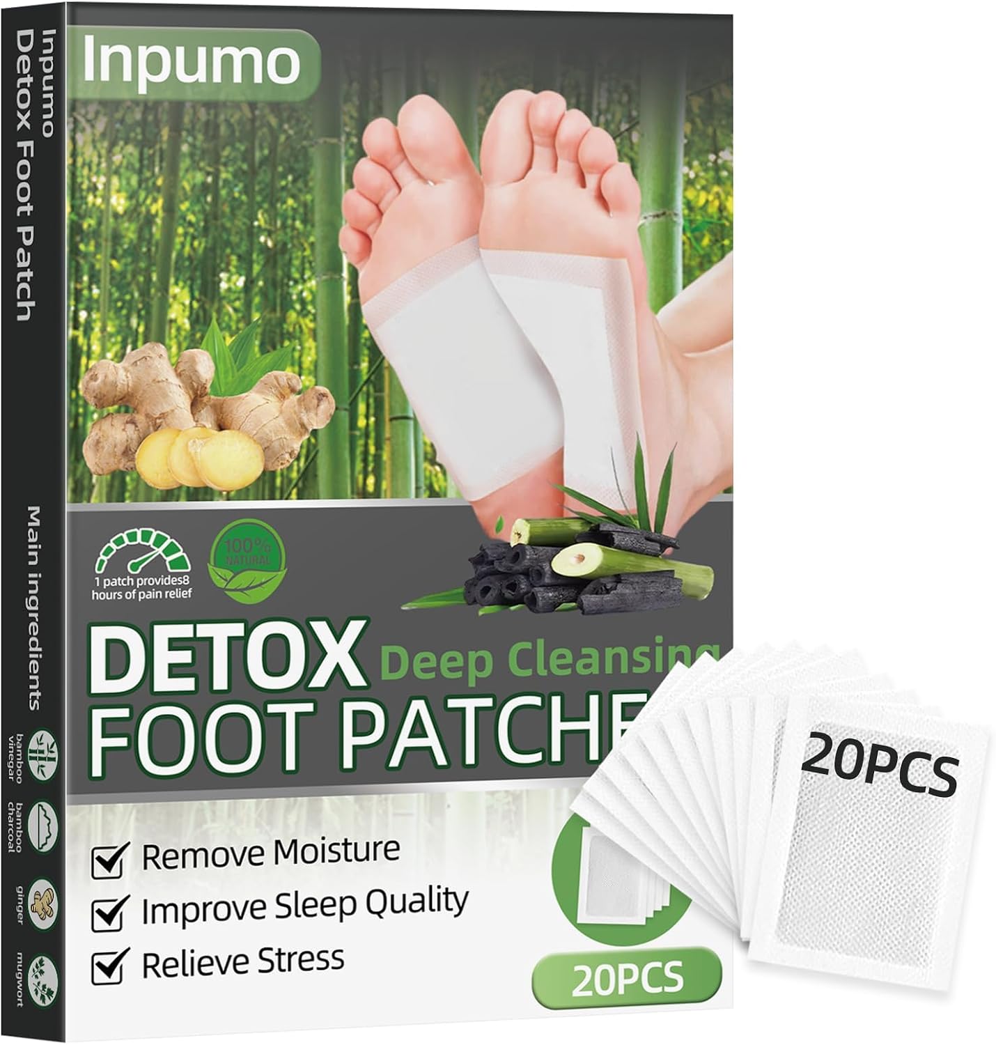 Foot Patches, Natural Ingredients Foot Care Patches with Bamboo Vinegar and Ginger Powder,Restful Sleep & Helps Remove Tension,Comfortable Adhesive & No Trace 20 Pack