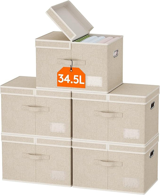 Lifewit Clothes Storage Bins with Lids, Fabric Foldable Storage Boxes with Handles, Decorative Closet Organizer, Stackable Cube Baskets Container for Bedroom, Office, 34.5L Large Beige, 5 Packs