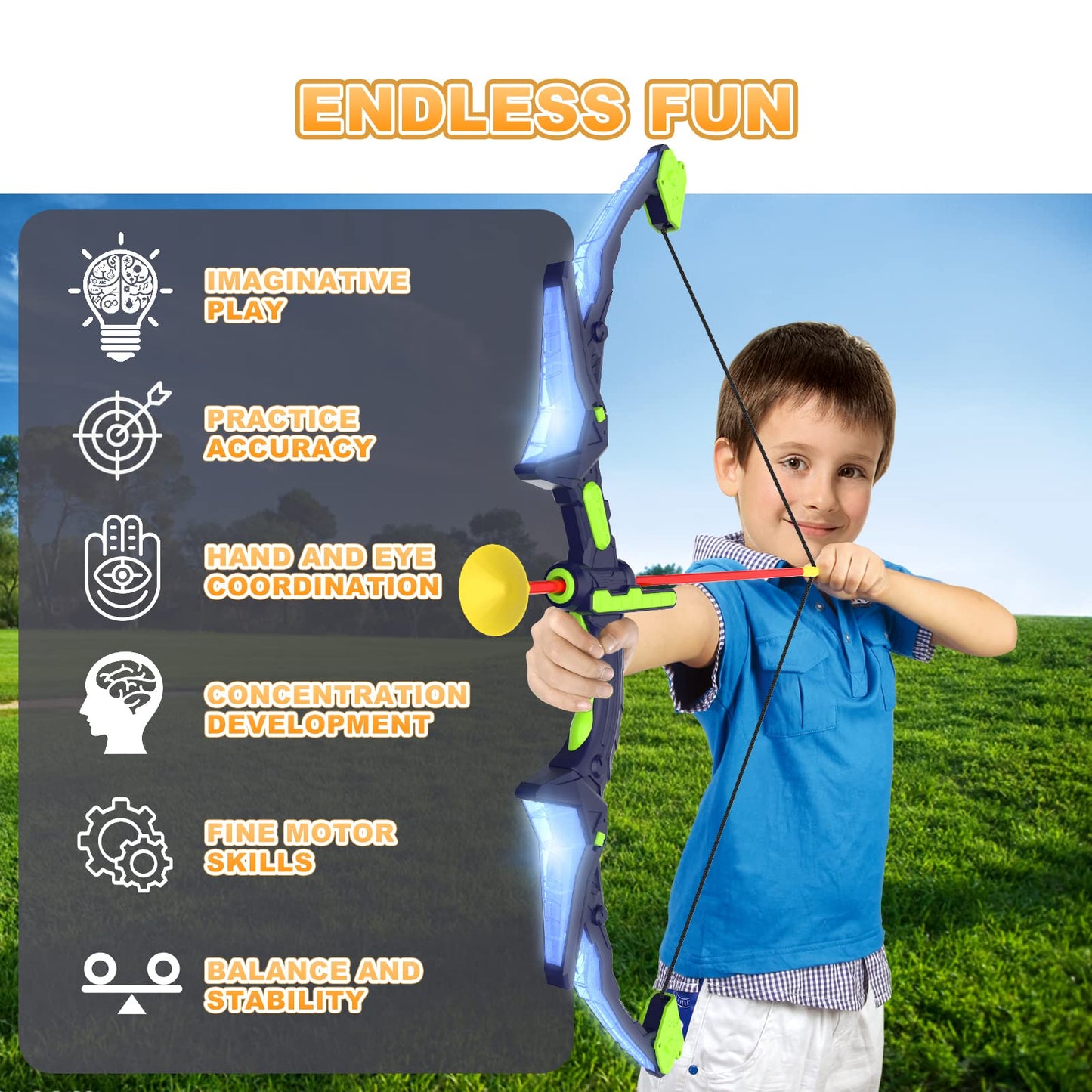 Kmuxilal 2 Pack Kids Bow and Arrow Set with LED Flash Lights, 14 Suction Cup Arrows and Fluorescence Standing Target-Perfect Indoor and Outdoor Game Archery Set Toy Gift for 4 5 6 7 8-12 Year Old Boys