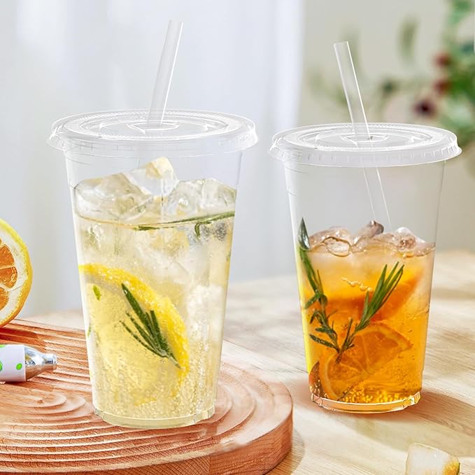Dealusy 100 Pack - 24 oz Clear Plastic Cups with Lids and Straws, Sturdy & Food Safe Iced Coffee Cups with lids, Disposable Plastic Smoothie Cups for Cold Drinks