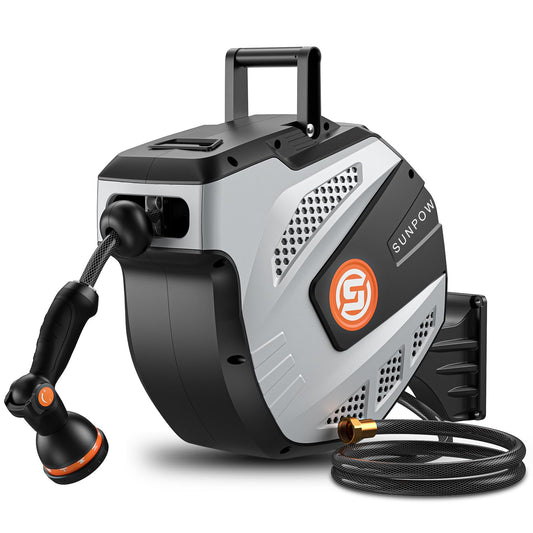 SUNPOW Retractable Garden Hose Reel - 1/2 inch x 85ft Heavy Duty Wall Mounted Hose Reel with 3/4 inch Brass Fitting & 10 Sprayer Nozzle - Any Length Lock, Auto Rewind System, 180Â°Swivel Bracket- Grey