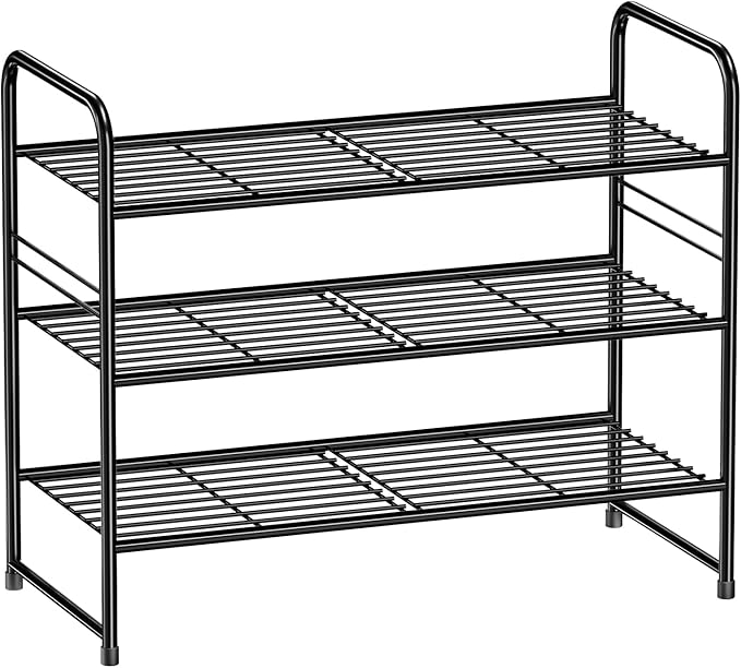 Shoe Rack, Closet Metal Wire 3 Tier 27âLong Shoe Organizer Shelf for Entryway,Stackable, Black