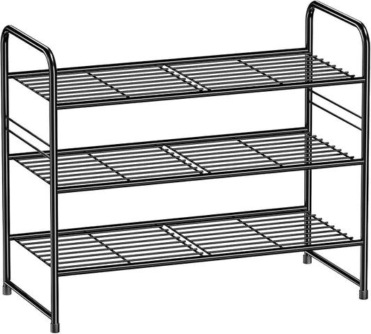 Shoe Rack, Closet Metal Wire 3 Tier 27âLong Shoe Organizer Shelf for Entryway,Stackable, Black