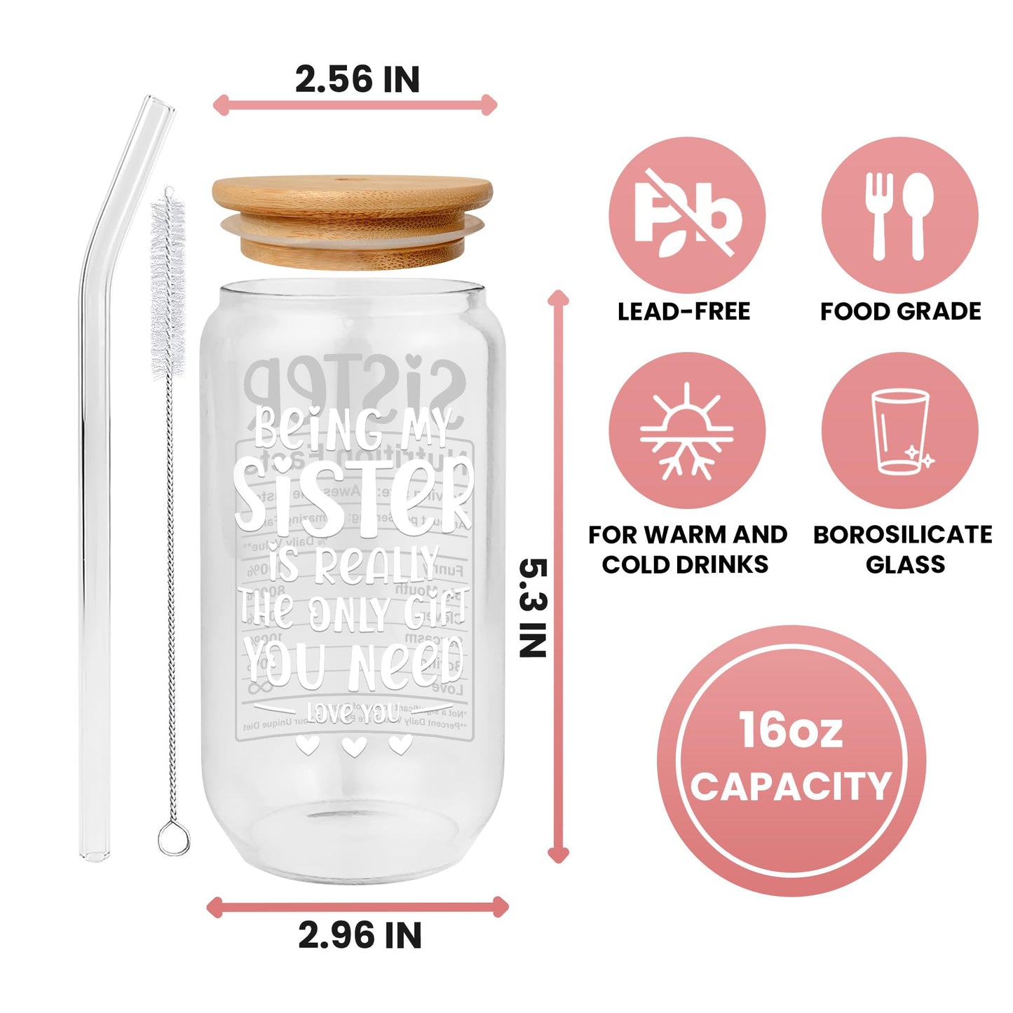 GINGULMINA Gifts for Sister - Birthday, Mothers Day, Christmas Sister Gifts from Sisters, Brother - Sisters Gift for Women, Sibling, Bestie, Women, Sis - 16 Oz Coffee Can Glass