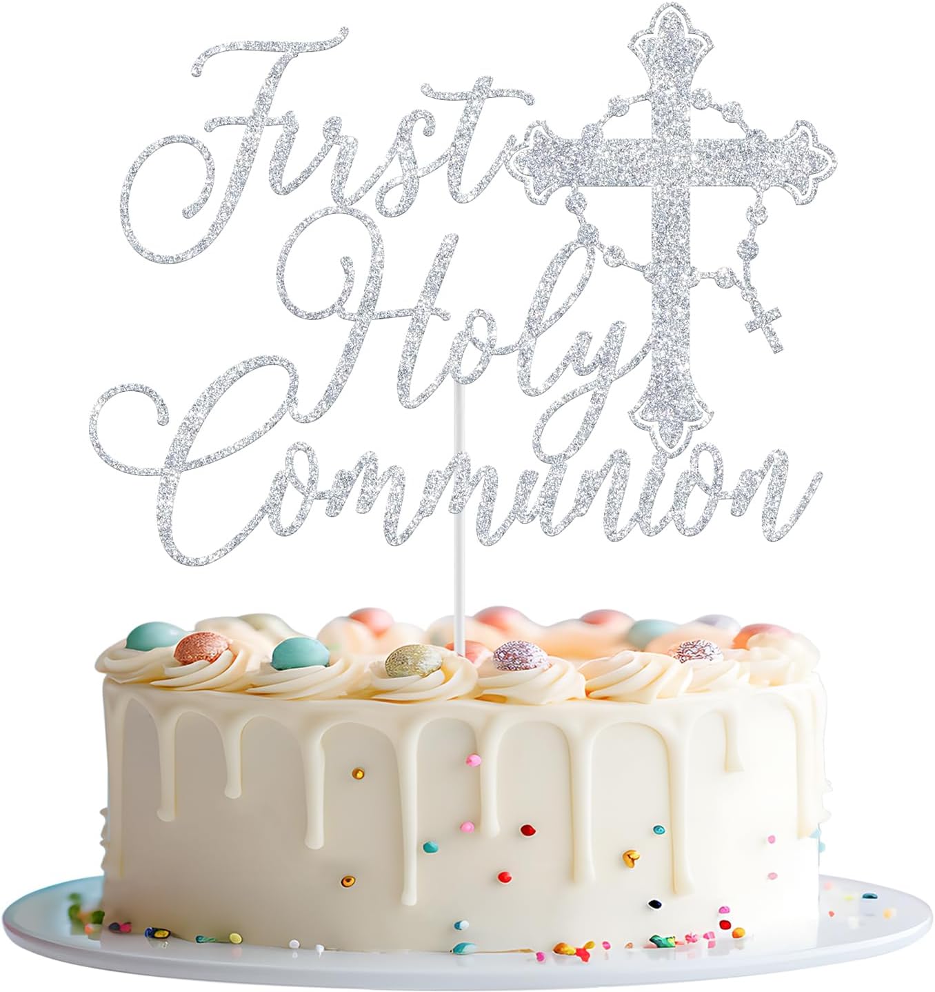 First Holy Communion Cake Topper, God Bless, Baptism Cake Decorations, First Communion Decor, Religious Baptism Christening Baby Shower 1st Birthday Party Decorations Silver Glitter