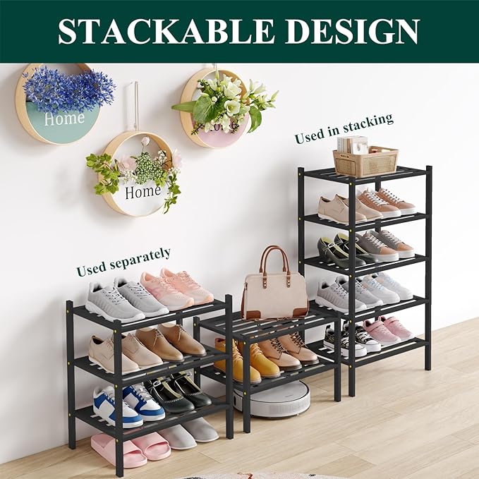 Smiry Small Bamboo Shoe Rack 6-Tier, Stackable Wooden Shoe Organizer for Entryway & Closet, Free Standing Wood Shoe Storage Shelf for Front Door & Small Spaces, Black