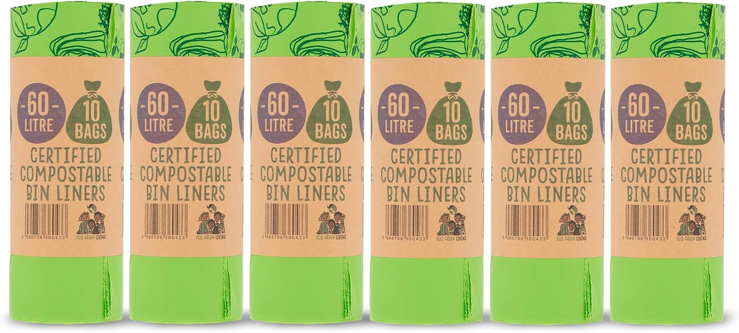 Eco Green Living 100% Compostable Biodegradable Bin Liners 60L Bin Bags For Food Waste, Kitchen Tall Bin Liners, Vegan, Strong, Leakproof, BPA Free, Recyclable, 6 Rolls, 60 Bags