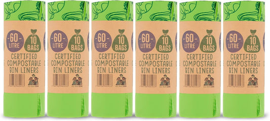 Eco Green Living 100% Compostable Biodegradable Bin Liners 60L Bin Bags For Food Waste, Kitchen Tall Bin Liners, Vegan, Strong, Leakproof, BPA Free, Recyclable, 6 Rolls, 60 Bags