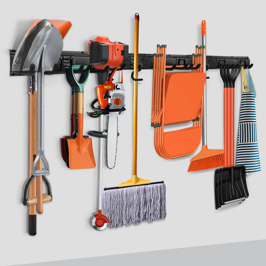 SMARTOLOGY Modular Heavy-Duty Steel Garage Tool Storage Rack - 150 lbs Weight Capacity Weather-resistant Powder-Coated Wall Mount Organizer for Shovels, Rakes, Ladders & Landscaping Equipment